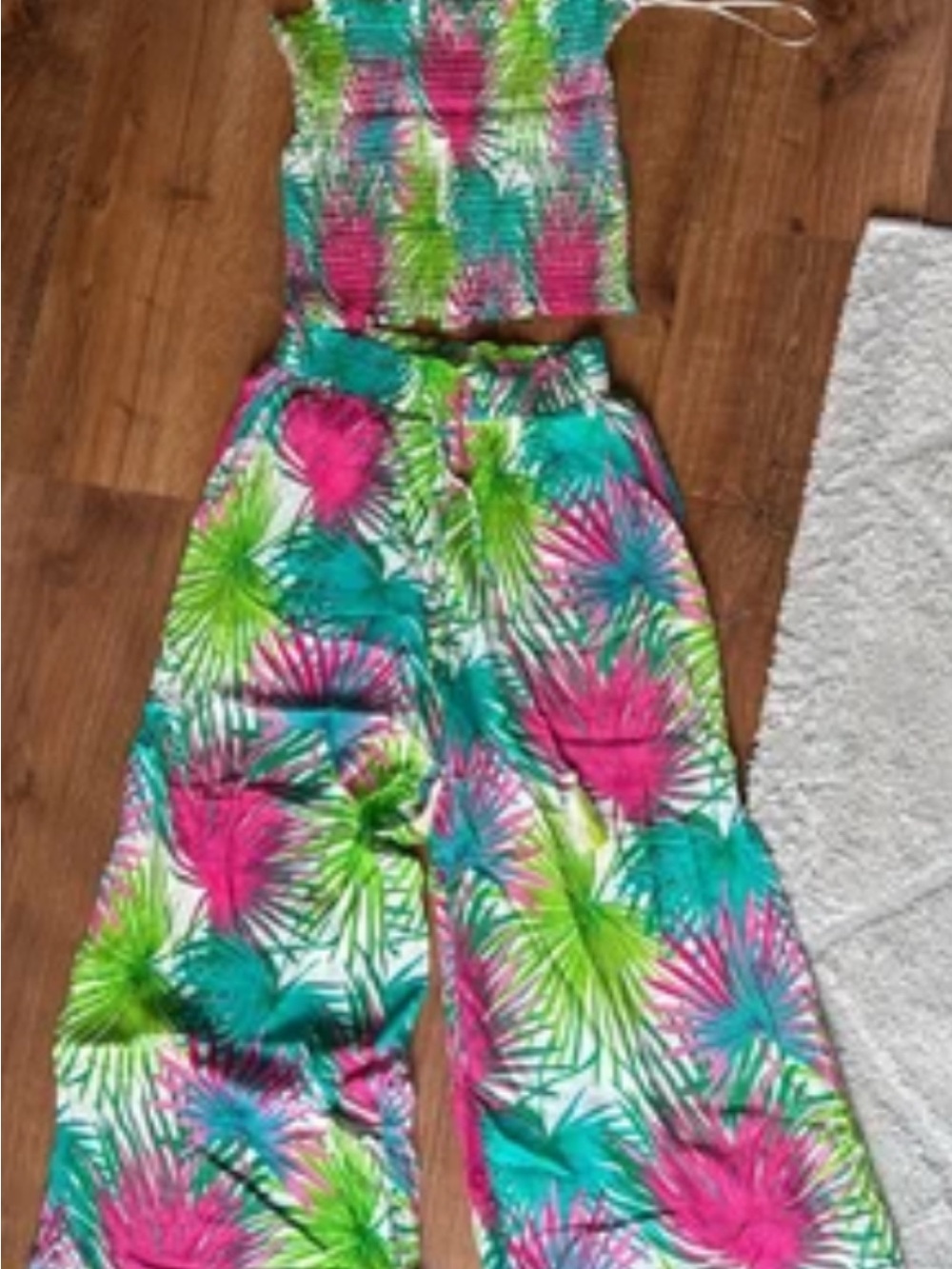 Rose & Olive Tropical Leaf Wide-Leg Pant Set with top in Pink, Teal & Lime